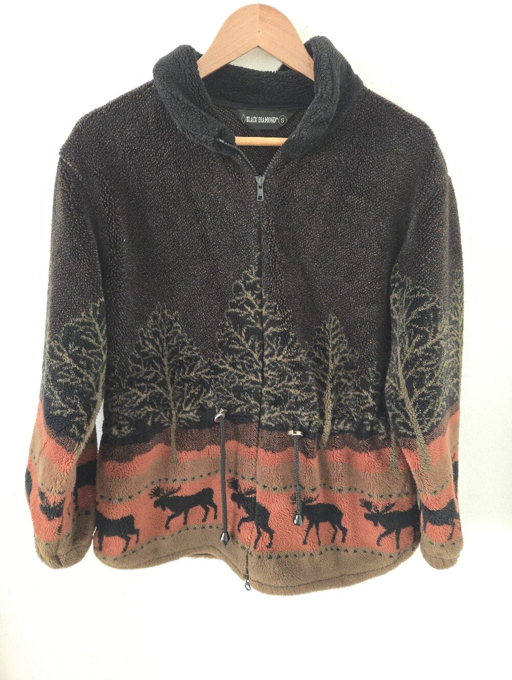 Vintage Black Diamond Moose Forest Mens Small Fleece Jacket Oversized